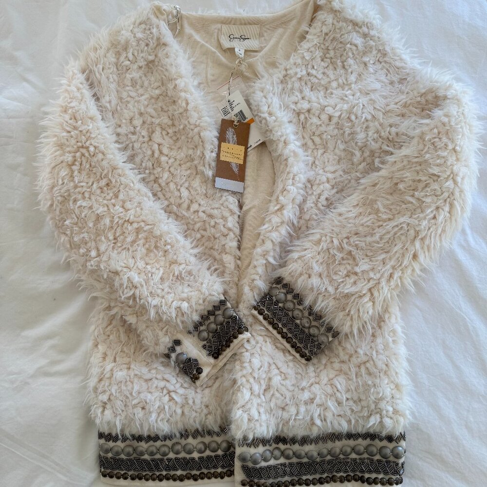 Jessica Simpson Kassidy Embellished Faux-Shearling Natural Studded Jacket S